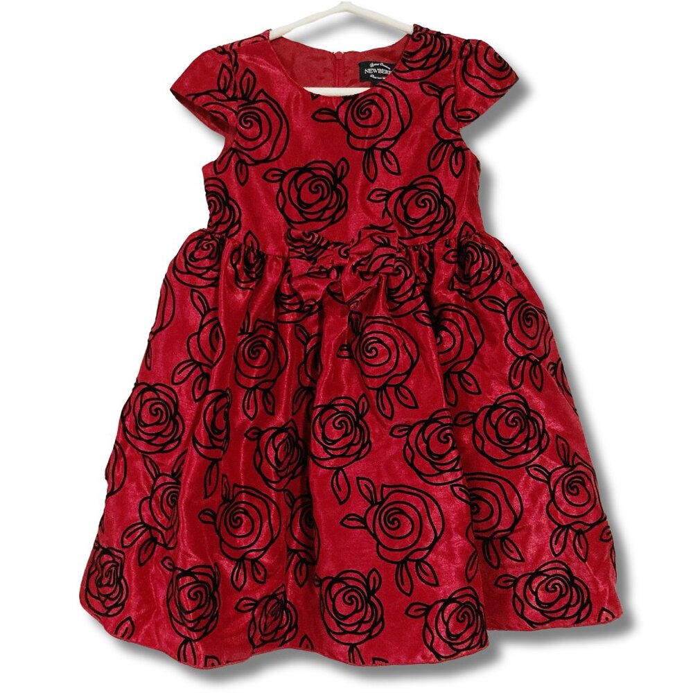NEWBERRY Girl's dark red black floral flocked taffeta party dress XS size 3 4 5